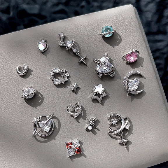 16PCS Alloy Pearl Zircon Nail Charms Set Planet Heart Star Moon 3D Nail Art Decorations for DIY Crafts