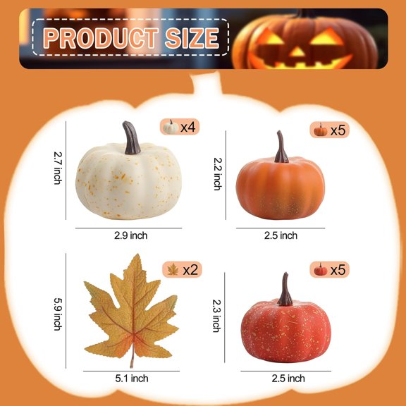 16PCS Artificial Mini Fake Pumpkins Set with Fall LeavesFoam Plastic Carvable DIY Small White Craft Pumpkins Decor for Thanksgiving Halloween Home Fall Porch Decor