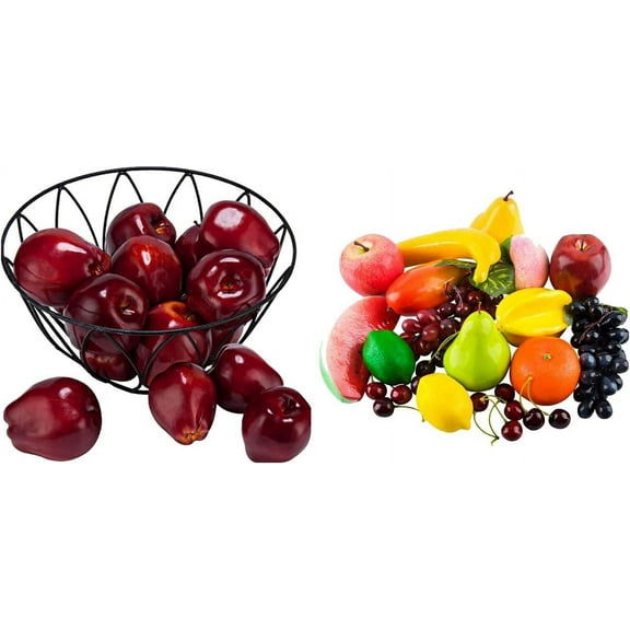 16PCS Artificial Red Apples and 26 Pcs Artificial Fruits Assorted Lifelike Fake Decorative Fruits Set for Home Kitchen Table Basket Decoration