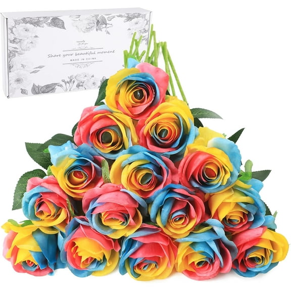 16PCS Artificial Roses with Box Silk Flowers Fake Roses Real Touch Bouquet Long Stem for Home Wedding Party Garden Decoration（Rainbow2）