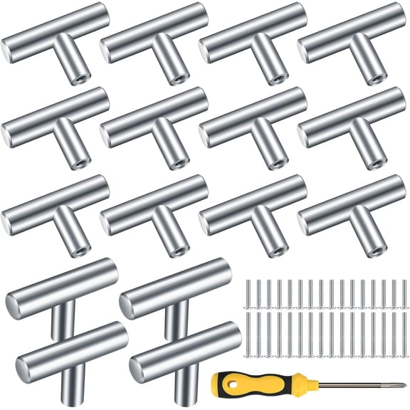 16PCS Cabinet T Bar Handle Chrome Kitchen Drawer Knobs Handles Silver Cupboard Knobs, Stainless Steel Kitchen Knobs Metal Drawer Pulls(Screws and Screwdriver Included)