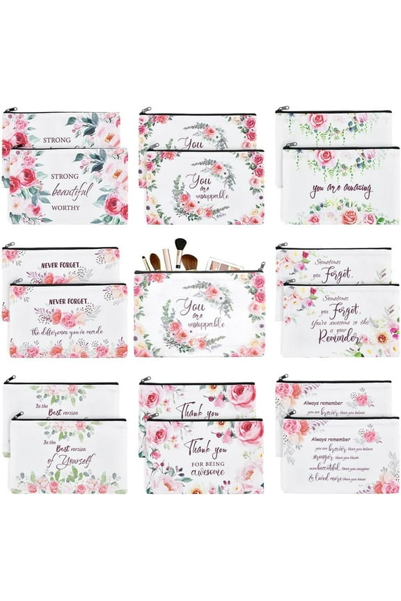 16PCS Canvas Cosmetic Bag Bulk Inspirational Quotes Makeup Bags Encouragement Travel Pouch Zipper Cosmetic Pouch Appreciation Gift for Women Teacher Friend Birthday Graduation(Flower)