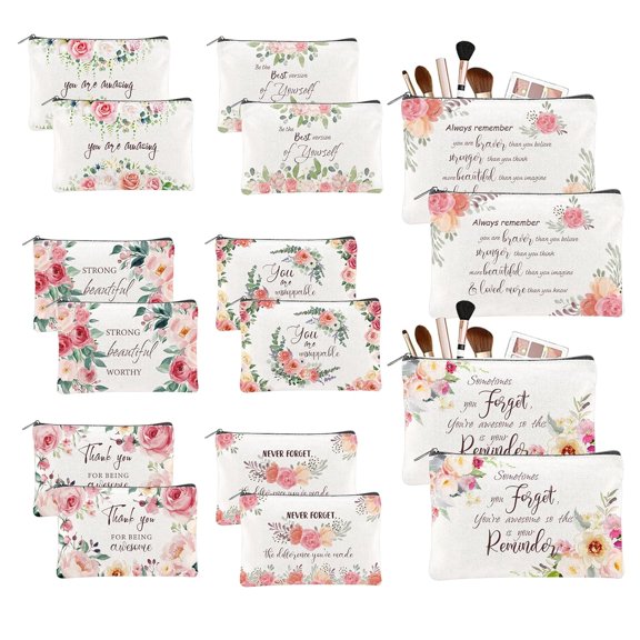 16PCS Canvas Cosmetic Bag Bulk Inspirational Quotes Makeup Bags Encouragement Travel Pouch Zipper Cosmetic Pouch Appreciation Gift