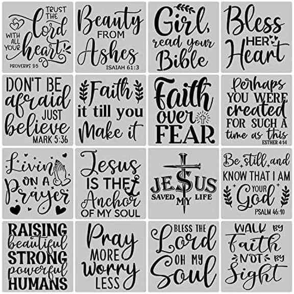 16PCS Christian Inspirational Stencils Painting on Wood, Bible Sign Motivational Saying Faith God Fidence Be Still Reusable Painting Stencils DIY Farmhouse Wood Signs for Home Office Decor
