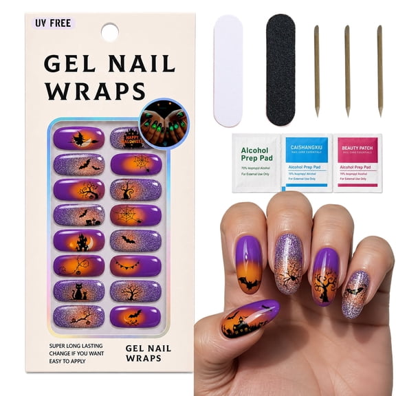 16PCS Cute Halloween Semi Cured Gel Nail Strips, Glow in the Dark Nail, Need UV Light, Halloween Nails Stickers with Ghost Pumpkin Spider Web, Horror Ghost Full Wraps Nail Strips for Women