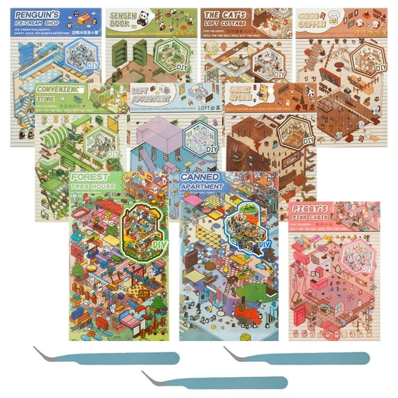 Xiyztok 10Pcs DIY 3D Sticker Scene,3D House Stickers with 3 Tweezers Cute Cartoon DIY Miniature Scenes for Adults Kids Reduce Stress Pass the Time