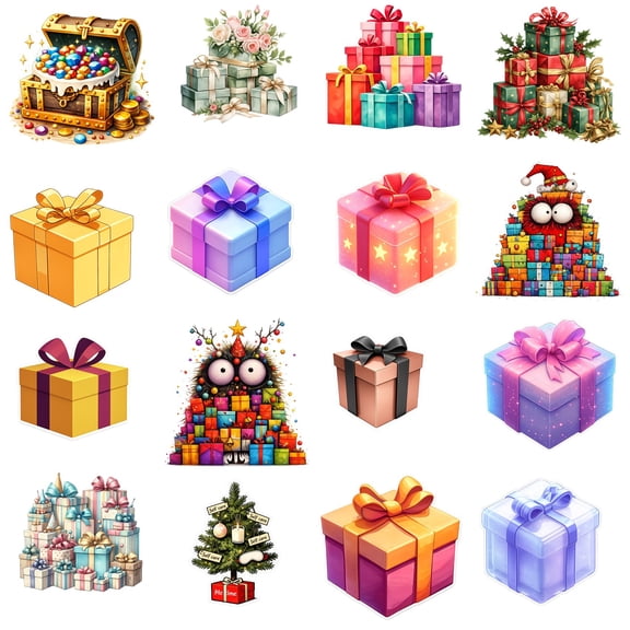 16PCS DIY iron on decals, 15cm/5.9in, Colorful Gift Boxes Christmas Tree,Easy Heat Transfer for Clothing,T-Shirts,Jeans,Backpacks,Hats & Pillows, Durable Washable Stickers Perfect for Casual Style