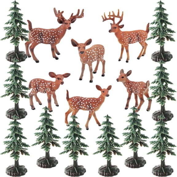 16PCS Deer Figurines Model Trees Kit, Plastic Woodland Animals Toys, Miniature Christmas Tree Christmas Deer Figurines Creatures Figurines for Xmas DIY Crafts Winter Room Landscape