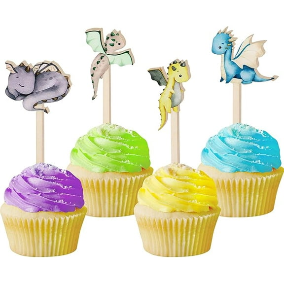 16PCS Dragon Cupcake Toppers Wooden Dragon Cake Toppers for Dragon Party Decorations Birthday Baby Shower Supplies