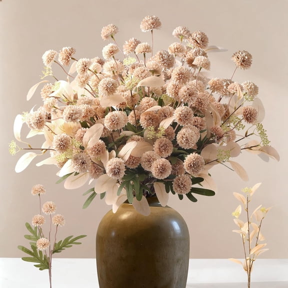 16PCS Faux Silk Pompon Mums Artificial Flowers with Euc , Fake Chrysanthemum Floral for DIY Vase Arrangement, Long Stem Dining Table Centerpiece Home Decor, Beige