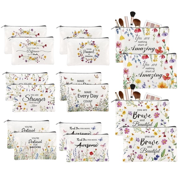 16PCS Flower Canvas Cosmetic Bags Bulk Inspirational Makeup Bags for Women Wildflower Canvas Toiletry Bag Floral Multicolor Travel