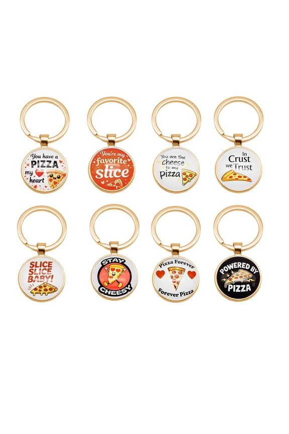 16PCS Funny Pizza Keychain Set Gold Tone for Women Men Teens, Cute Pizza Slice Glass Cabochon Key Rings Bulk Pack, Food Lover Gift Party Favor Backpack Charm