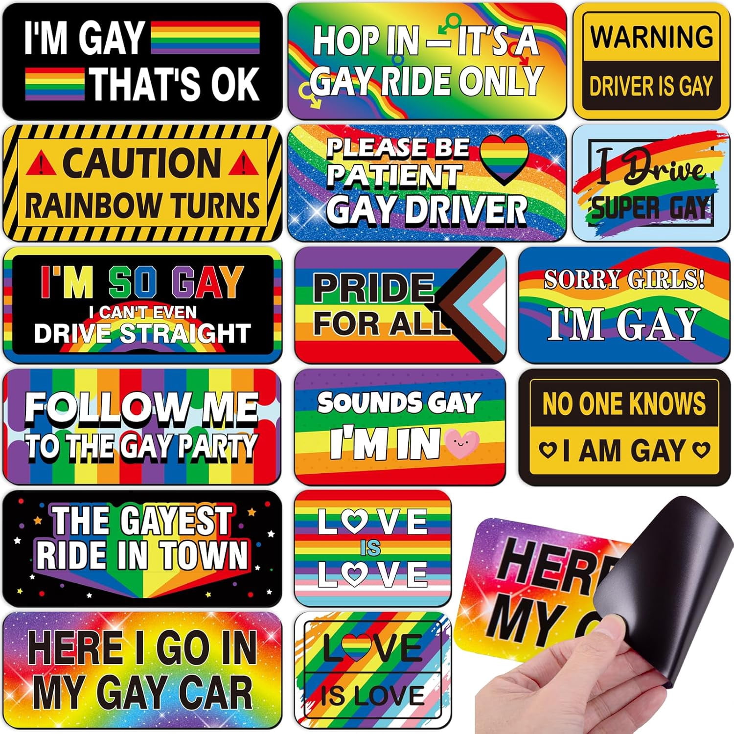 16PCS Funny Pride Gay Car Bumper Magnets: Bulk Magnetic Rainbow Decals Decorations for LGBT Parade Decor, Refrigerator, Truck, Prank Gift Ideas
