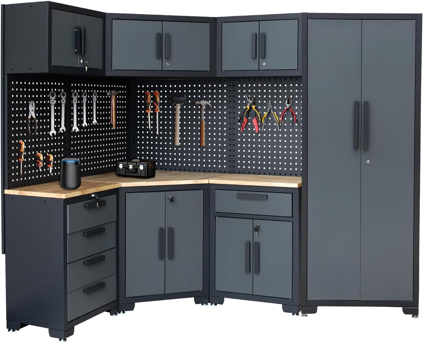 16PCS Garage Storage Cabinet System - Heavy Duty Workshop Set w/Corner Cabinet Includes Workbench, Pegboard & Lockable Drawers | Metal Tool Organization System for Garage/Workshop