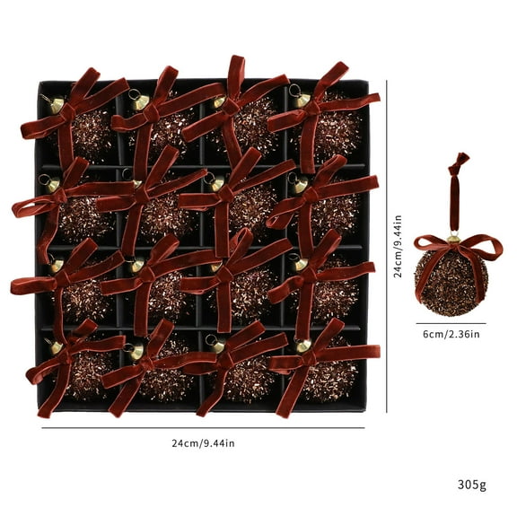 16PCS Glittering Christmas Ball Ornaments 2.36inch Shatterproof Sparkling Christmas Balls Set with Velvet Bows Xmas Hanging Pendants for Tree Wreath Home Holiday Party Decor (Coffee)