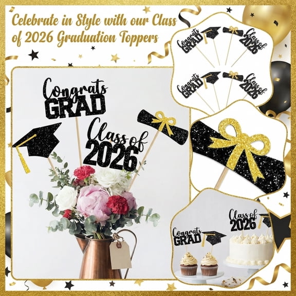 16PCS Graduation Decorations 2026 Class of 2026 Table Centerpieces, Congrats Grad Cake Topper Sticks for Graduation Party, Doctoral Cap Theme Party Favors – Gold & Black