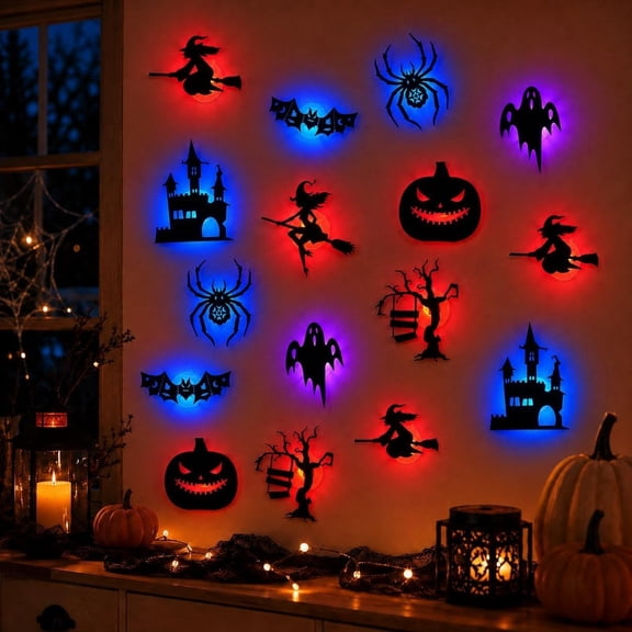 16PCS Halloween LED Silhouette Wall Lights Adhesive Mount Decor Sets Glow Silhouettes Spooky Bats Pumpkins Spiders and Castles Indoor Party Wall Decals