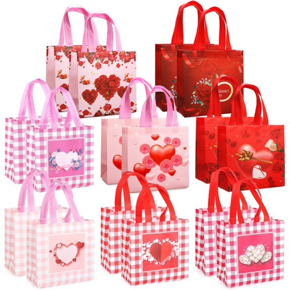 16PCS Happy Valentines Day Reusable Gift Bags, Treat Bags with Handles, Valentines Day Party Bags, Valentines Party Supplies, 8.7×9.2×4.3inch