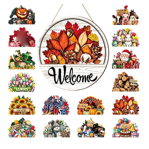 16PCS Interchangeable Welcome Door Sign Decor Set Versatile Holiday & Seasonal Front Door Hanging Ornament Set with Changeable Pieces