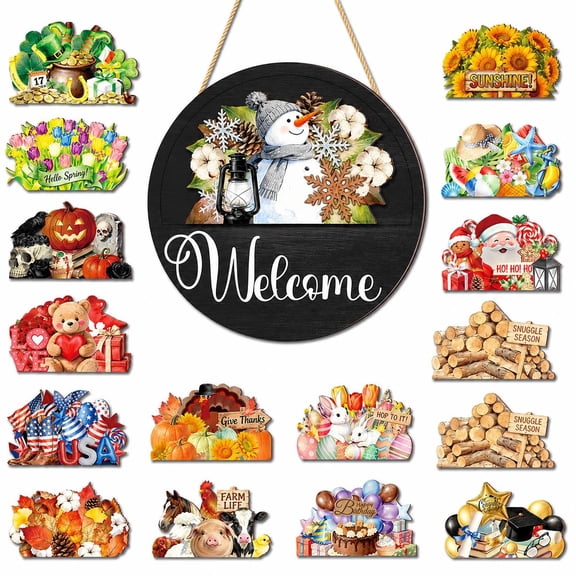 16PCS Interchangeable Welcome Sign for Front Door, Slot-In Seasonal Decor