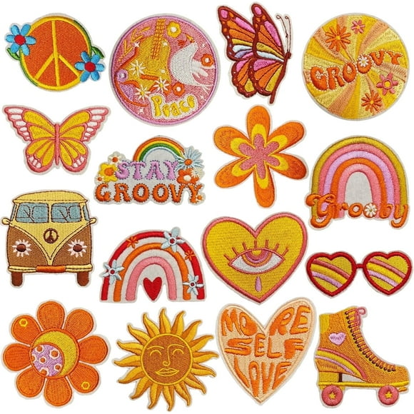 16PCS Iron on Vintage Patches Groovy Boho Peace Sign Embroidered Repair Decorative Patches for Jackets Hats Backpacks Jeans