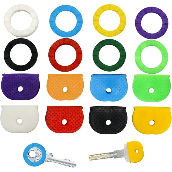 16PCS Key Caps Cover Set, Square & Round Key Covers Soft Rubber Key Covers Tags Key Identifier Coding Label Covers Flexible Key Topper Identifier in 8 Assorted Colors for Easy Identifying