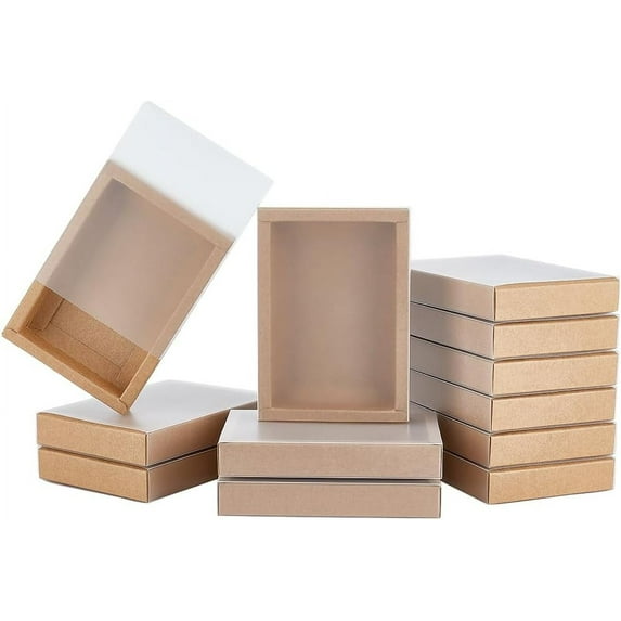 16PCS Kraft Gift Drawer Box with Translucent Plastic Lid Gift Drawer Box with PVC Frosted Window for Wedding Gift Box Jewellery Packaging 5.4x3.8x1inch