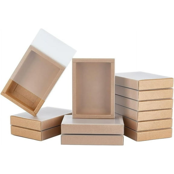 16PCS Kraft Gift Drawer Box with Translucent Plastic Lid and PVC Frosted Window for Wedding and Jewellery Packaging 5.4x3.8x1inch diy
