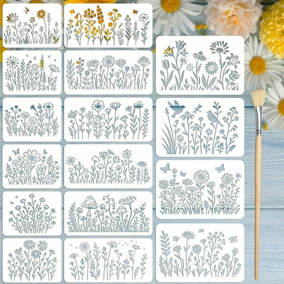 16PCS Large Flower Stencils forPainting Wildflower Stencils with Brushes Floral Spray Paint Stencil Reusable Drawing Template