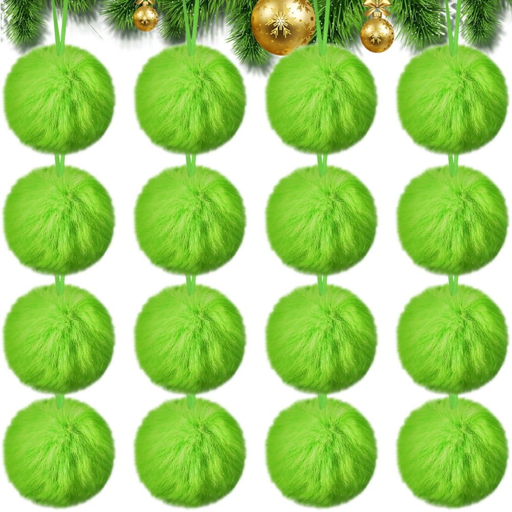 16PCS Lime Green Furry Christmas Ball Ornaments Furry Elf Ornaments for