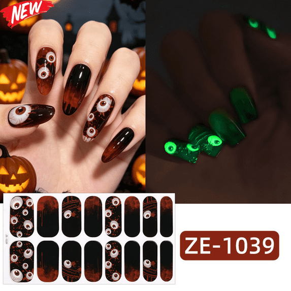 16PCS Medium Halloween Luminous Press On Nails, Glow in The Dark Fake Nails with Skull Spider Web Ghost Pumpkin Prints, Glossy Spooky Reusable Artificial False Nail Tips for Women Halloween Party
