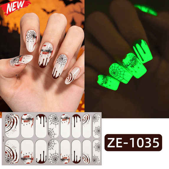 16PCS Medium Halloween Luminous Press On Nails, Glow in The Dark Fake Nails with Skull Spider Web Ghost Pumpkin Prints, Glossy Spooky Reusable Artificial False Nail Tips for Women Halloween Party