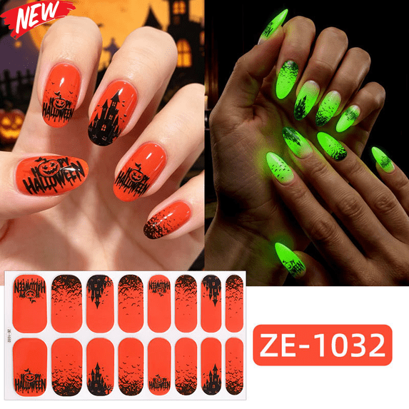 16PCS Medium Halloween Luminous Press On Nails, Glow in The Dark Fake Nails with Skull Spider Web Ghost Pumpkin Prints, Glossy Spooky Reusable Artificial False Nail Tips for Women Halloween Party