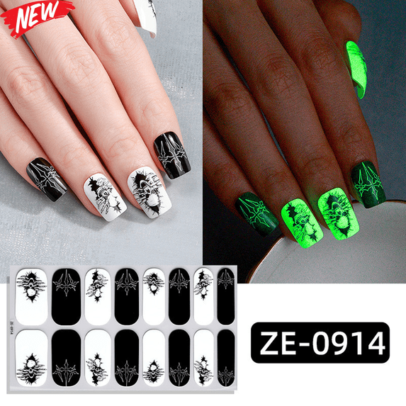 16PCS Medium Halloween Luminous Press On Nails, Glow in The Dark Fake Nails with Skull Spider Web Ghost Pumpkin Prints, Glossy Spooky Reusable Artificial False Nail Tips for Women Halloween Party