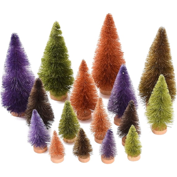 16PCS Mini Christmas Sisal Trees, Desktop Miniature Christmas Tree Pine Tree with Wood Base, Bottle Brush Trees for Winter Snow Miniature Scenes Xmas Tabletop Decor