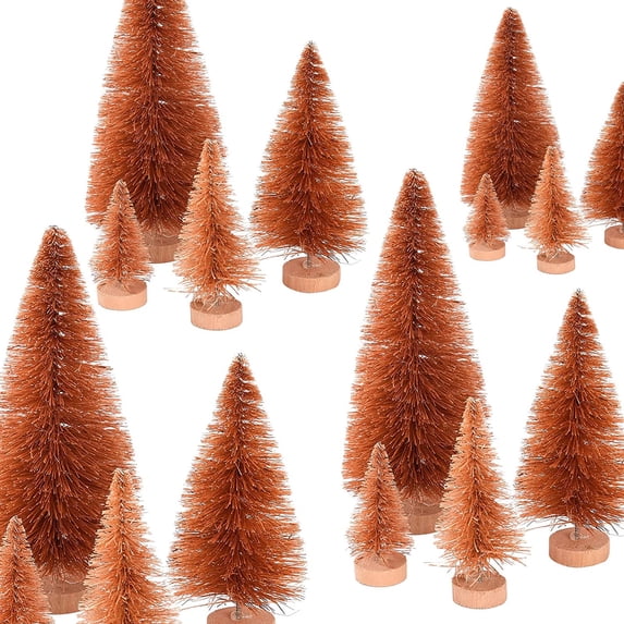 16PCS Mini Christmas Sisal Trees, Desktop Miniature Christmas Tree Pine Tree with Wood Base, Bottle Brush Trees for Winter Snow Miniature Scenes Xmas Tabletop Decor