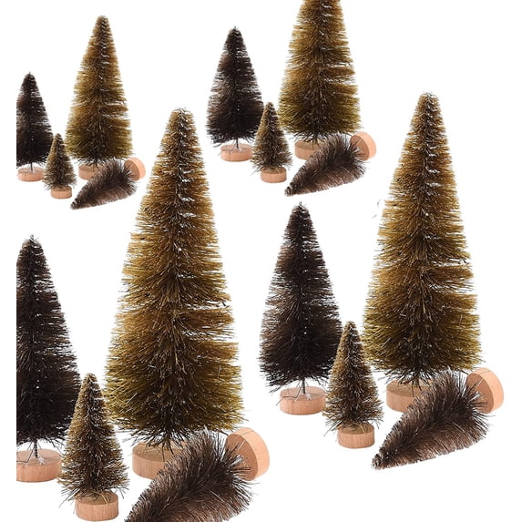 16PCS Mini Christmas Sisal Trees, Desktop Miniature Christmas Tree Pine Tree with Wood Base, Bottle Brush Trees for Winter Snow Miniature Scenes Xmas Tabletop Decor