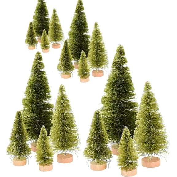 16PCS Mini Christmas Sisal Trees, Desktop Miniature Christmas Tree Pine Tree with Wood Base, Bottle Brush Trees for Winter Snow Miniature Scenes Xmas Tabletop Decor