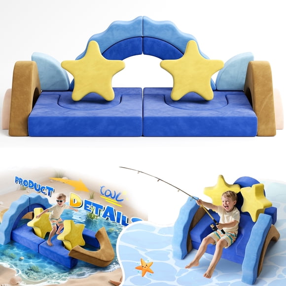 EVMORE 16PCS Modular Kids Play Couch Furniture, Sea World Theme Foam Children Sofa Couch for Girls Boys, DIY Creativing Modular Sofa, Modern Floor Couch