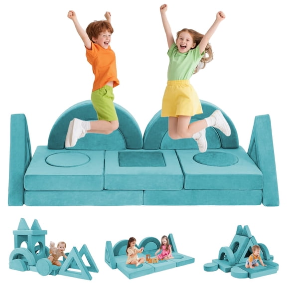 16PCS Modular Kids Play Couch Versatile Toddler Sofa Bed with Washable Covers Convertible Foam Sofa for Playroom Bedroom Creative Fort Building Set for Boys & Girls Cyan