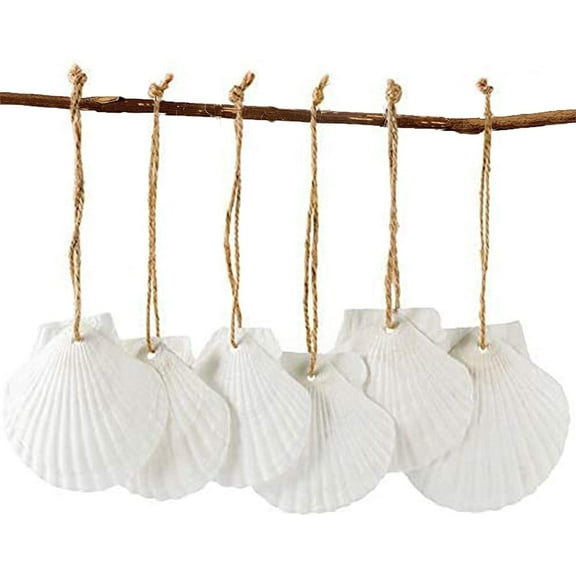 Sinkoo 16 Pcs Sea Shells Christmas Tree Ornaments, 2.5"-3.5" Natural Scallop Shells White, Beach Themed Hanging Deocr for Xmas Tree Home Wedding Party