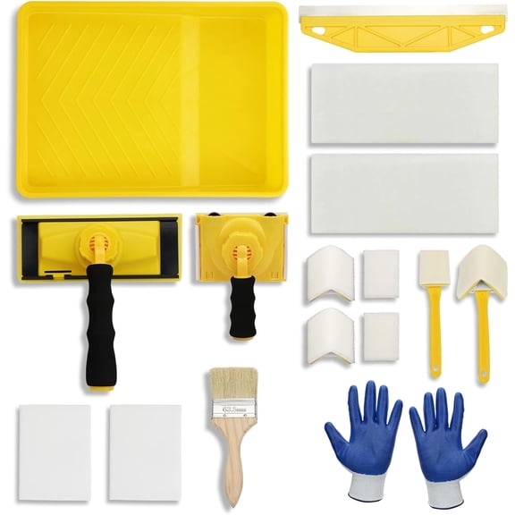 16PCS Paint Edger Tool Kit, 9" Paint Pad Set with 360 Rotating Handle (4 Pad Types, 3 Pads Each), Paint Shield, Painting Supplies for Ceiling, Edge, Baseboard & Corner Painting
