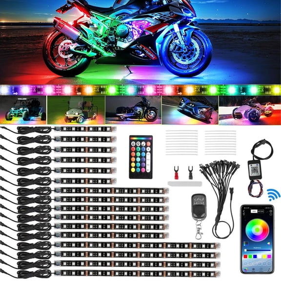 16PCS RGB Motorcycle LED Light Kit Bluetooth App Remote Control Underglow Neon Light Strips Waterproof Multicolor Accent Lighting for Motorcycle ATV UTV Scooter Golf Cart 12V