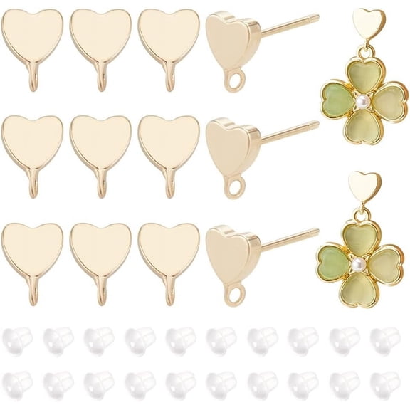 16PCS Real 14k Gold Plated Heart Brass Stud Earring Accessories 40PCS Plastic Studs with Vertical Loops