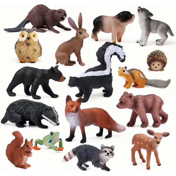 16 Piece Realistic Woodland Forest Animal Miniature Figures, Kids Educational Wildlife Playset Toy for Cake Toppers & Party Decorations