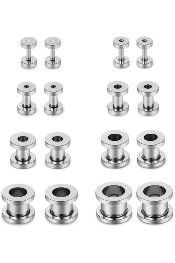 16PCS Screw Ear Tunnels Stretching Kit Stainless Steel Gauge Plugs Expanders Set 14G-00G