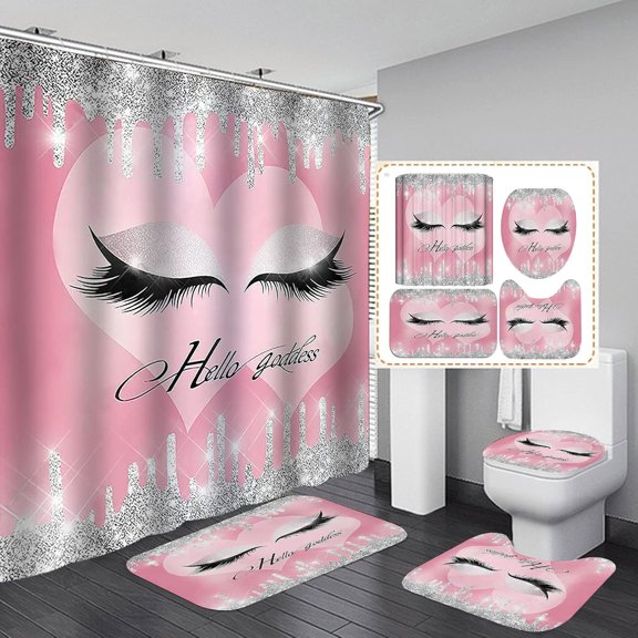 16PCS/Set Pretty Eyelash White Shower Curtain set Waterproof Soft Cloth Polyester Bath Curtain Bathtub Curtains, Bathroom Carpet Bath Mat Toilet Rugs, Modern Bathroom Decor, 72"x72", Lash Out
