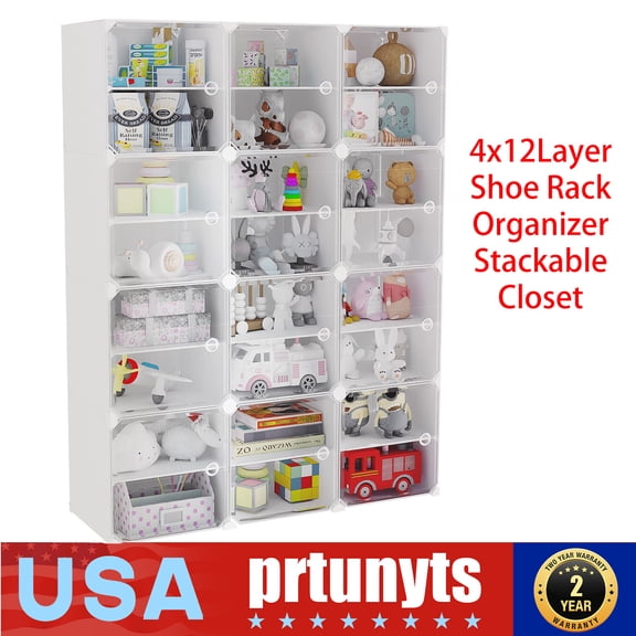 16PCS Shoe Racks, Stackable, Multifunctional, 12-Tier Sneaker Shelf Cube Box Organizer for Home