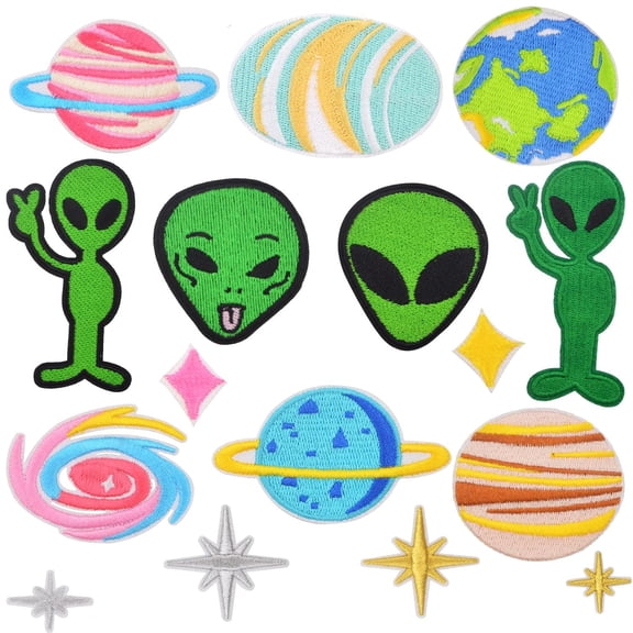 16PCS Space Exploration Planet Solar System Iron on Patches Funny Green Aliens Embroidered Sew On Patch Repair Appliques for DIY Clothing Hats Backpacks Jeans Jackets Decoration