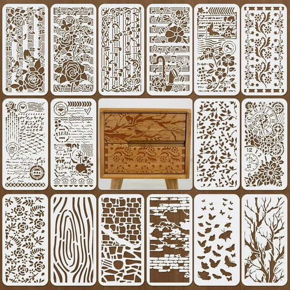 16PCS Stencils for Crafts Mixed Media Art Stencils Background Texture Stencil Reusable Branches Musical Notes Floral Templates for Painting on Wood Furniture Card Scrapbook (12"x 6") Colorful DIY